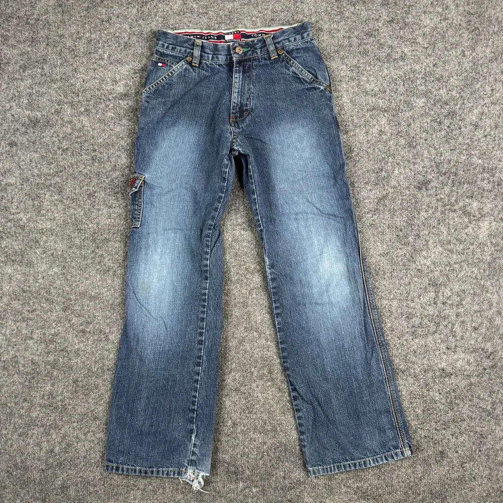 Tommy Jeans Carpenter Pants Boys Size 10 Blue Denim Utility Relaxed Frayed Hem